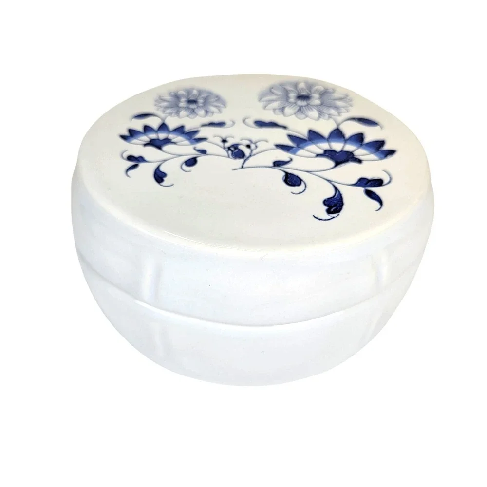 Vtg‎ Federalist White Ceramic Lidded Trinket Dish Ashtray Blue Floral Round 5